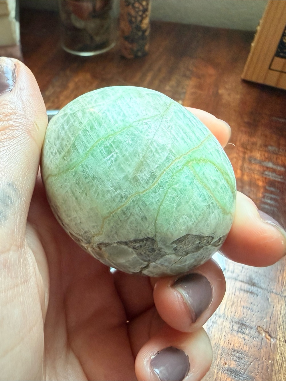 Natural Green Moonstone (Garnierite) • Medium Sized Palmstone •  107 g